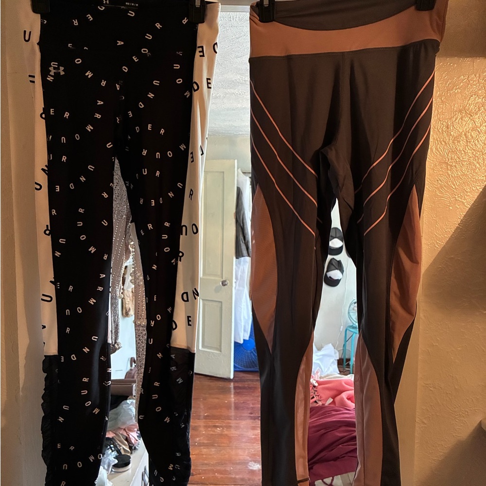 Size medium legging pair. Black/White Under Armour, Grey/Pink mesh White Mark